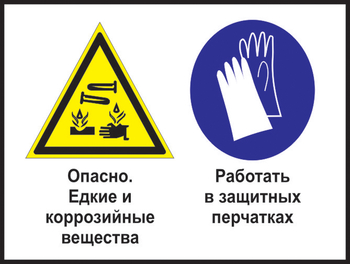 Кз 64 опасно - едкие и коррозийные вещества. работать в защитных перчатках. (пленка, 600х400 мм) - Знаки безопасности - Комбинированные знаки безопасности - Магазин охраны труда ohranatruda-shop.ru